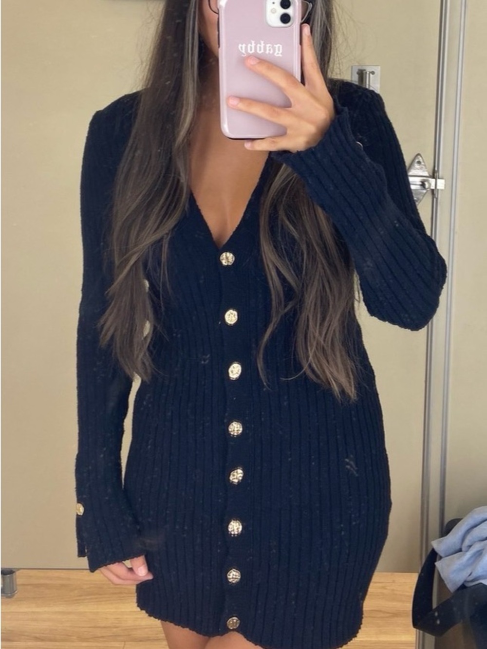 Zara Black Long-Sleeve Ribbed Button-Down Dress with Gold Buttons